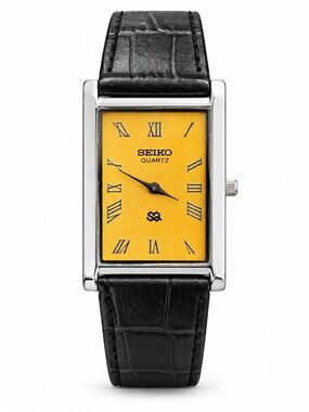 Vintage Seiko Tank watch Yellow Dial Silver bezel with Black Strap